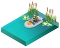 Isometric fisherman with a fishing rod sits in an inflatable boat and catches fish on a lake or river. Fisherman sitting
