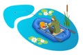 Isometric fisherman with a fishing rod sits in an inflatable boat and catches fish on a lake or river. Fisherman sitting