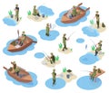 Isometric fishermen catching fish, boat and fishing equipment. River or pond fishing isolated 3d vector illustration set