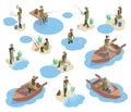 Isometric fishermen characters, 3d river or pond fishing. Characters using fishing equipment, boat, tackle and fishing