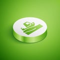 Isometric Fishing boat on water icon isolated on green background. White circle button. Vector