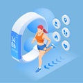 Isometric fitness bracelet or tracker with a smartphone, an athlete running outdoors. Jogging and running infographics Royalty Free Stock Photo