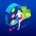 Isometric fitness bracelet or tracker with a smartphone, an athlete running outdoors. Jogging and running infographics Royalty Free Stock Photo