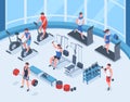 Isometric fitness sport, people workout in gym interior. Human characters working with gymnastic equipment vector