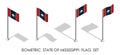 Isometric flag of american state of Mississippi in static position and in motion on flagpole. 3d vector