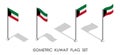 Isometric flag of KUWAIT in static position and in motion on flagpole. 3d vector