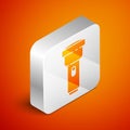 Isometric Flashlight icon isolated on orange background. Silver square button. Vector