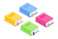 Isometric flat book icon. Multi-colored thick books with a bookmark and shadow. Yellow, blue, pink and green options Royalty Free Stock Photo
