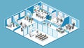 Isometric interior departments concept vector. conference hall, offices, workplaces