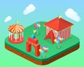 Isometric flat 3D city banners with carousels. amusement park