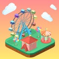 Isometric flat 3D city banners with carousels. amusement park