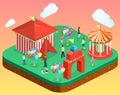 Isometric flat 3D city banners with carousels. amusement park