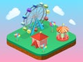 Isometric flat 3D city banners with carousels. amusement park