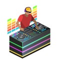 Isometric flat 3D concept cutaway DJ playing vinyl. DJ Interface workspace mixer console turntables. Night club concept.