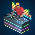 Isometric flat 3D concept cutaway DJ playing vinyl. DJ Interface workspace mixer console turntables. Night club concept.