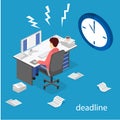 Isometric flat 3D Deadline Concept of overworked man. Royalty Free Stock Photo