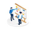 Isometric flat 3d illustration concept of two men putting together a scrumboard for a work plan Royalty Free Stock Photo