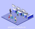 Isometric flat 3D interior of airport check-in.