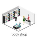 Isometric flat 3D interior of book shop. Royalty Free Stock Photo