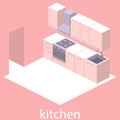 Isometric flat 3D interior of kitchen. full set of kitchen furniture ilustration.