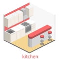 Isometric flat 3D interior of kitchen. full set of kitchen furniture ilustration.