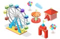 Isometric flat 3D isolated city banners with carousels. amusement park