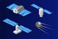 Isometric flat 3D isolated space GPS satellite. Wireless satellite technology.