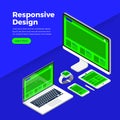 Isometric flat design concept responsive design. Mockup website interface on multiple screen. Vector illustrations