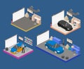 Isometric flat 3Dinterior working place with tools in garage. Royalty Free Stock Photo
