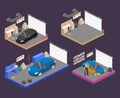 Isometric flat 3Dinterior working place with tools in garage. Royalty Free Stock Photo