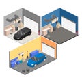 Isometric flat 3Dinterior working place with tools in garage. Royalty Free Stock Photo
