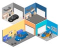 Isometric flat 3Dinterior working place with tools in garage. Royalty Free Stock Photo