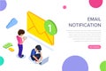 Isometric flat email notification concept. Email marketing at work. People received notification of a new letter on