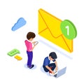 Isometric flat email notification concept. Email marketing at work. People received notification of a new letter on