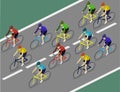 Isometric flat group of cyclists man in road bicycle racing.