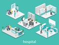 Isometric flat interior of hospital room, pharmacy, doctor`s office, waiting room, reception. Doctors treating the patient. Flat Royalty Free Stock Photo