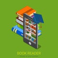 Isometric flat online library lib e-book electronic book reader Royalty Free Stock Photo