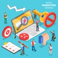 Isometric flat vector concept of digital marketing mistakes, wrong strategy.