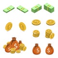 Isometric flat vector concept of money such as coins, banknotes and money bags. Royalty Free Stock Photo