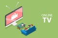 Isometric flat vector concept of smart TV, home entertainment, movie online.