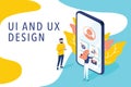 Isometric flat vector concept of UI and UX design process, mobile app development, GUI design. People testing interface Royalty Free Stock Photo