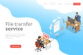 Isometric flat vector landing page template of file transfer service.