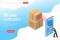 Isometric flat vector landing page template of QR code, barcode scanning.