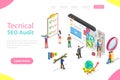 Isometric flat vector landing page template of technical SEO audit.