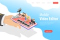 Isometric flat vector landing page template of video editing app. Royalty Free Stock Photo
