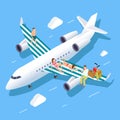 Isometric flight to summer vector concept with relaxing people, luggage and travel manager