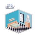 Isometric floor plan of bedroom with double bed and checkered floor in colorful silhouette Royalty Free Stock Photo