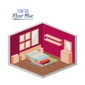 Isometric floor plan of bedroom double bed and furnitures in colorful silhouette Royalty Free Stock Photo