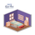 Isometric floor plan of bedroom single bed in colorful silhouette Royalty Free Stock Photo