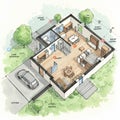 Isometric floor plan illustration of a smart home featuring a living Royalty Free Stock Photo